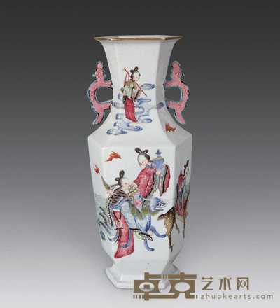 清 粉彩人物六角双耳瓶 高31.5cm